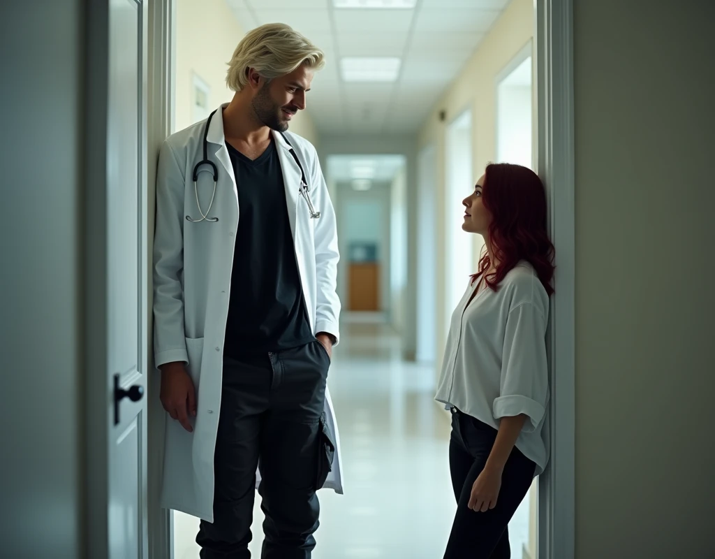 216 cm tall, 33-year-old man with short platinum blond wavy swept-back hair, dark skin, Arabic-Egyptian features, wearing a white lab coat over a black t-shirt, black cargo pants and black boots, looking down with a gentle expression gesturing to sit down to a very short 24-year-old woman, with vibrant maroon side-parted medium-length wavy hair, very pale skin, wearing a white flowy work blouse, low-rise black pants and black boots, standing in doorway to an office. Photorealistic, cinematic.