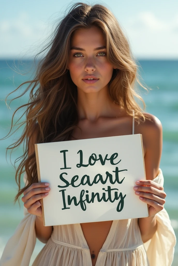 Beautiful girl with wavy long hair, bohemian dress, holding a white board with text "I Love Seaart Infinity" and showing it to the viewer