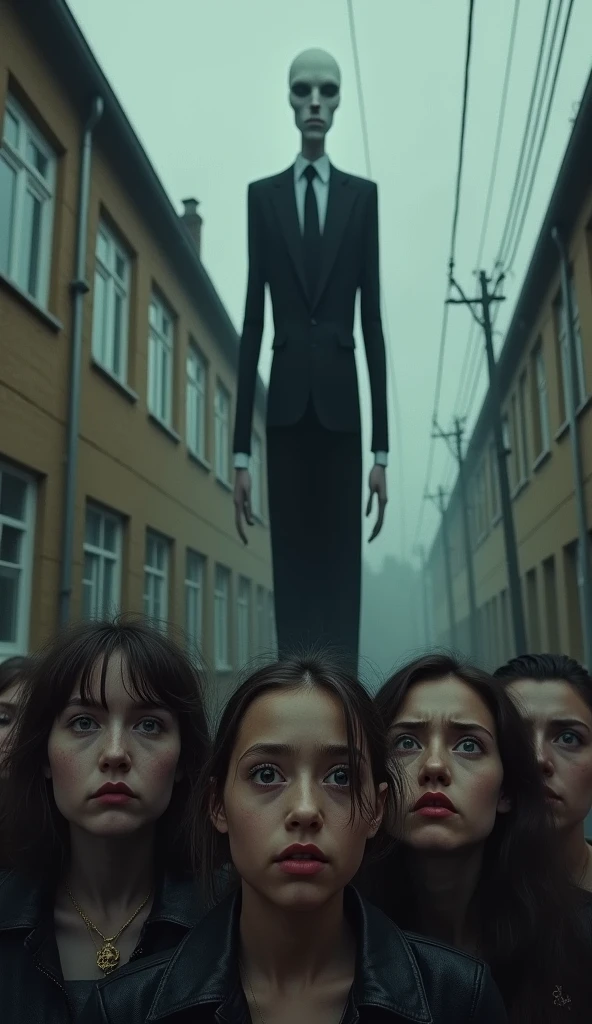 People  staring shocked at slender man 