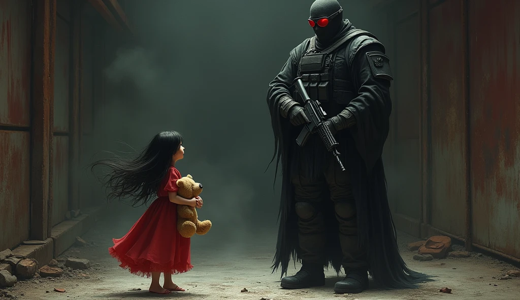 short in red dress with tall black hair holding plushie bear telling F.E.A.R operative that he is her son. He is wearing black tactical balaclava and red glasses and holds assault rifle. His height is way taller than her. Horror style.
