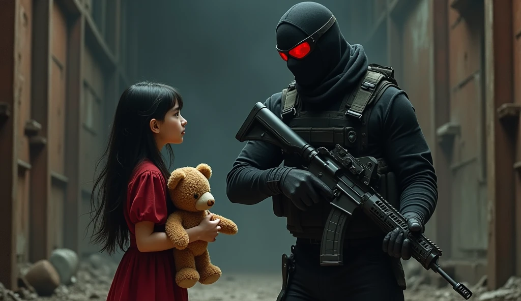 short in red dress with tall black hair holding plushie bear telling F.E.A.R operative that he is her son. He is wearing black tactical balaclava and red glasses and holds assault rifle. His height is way taller than her. Horror style.