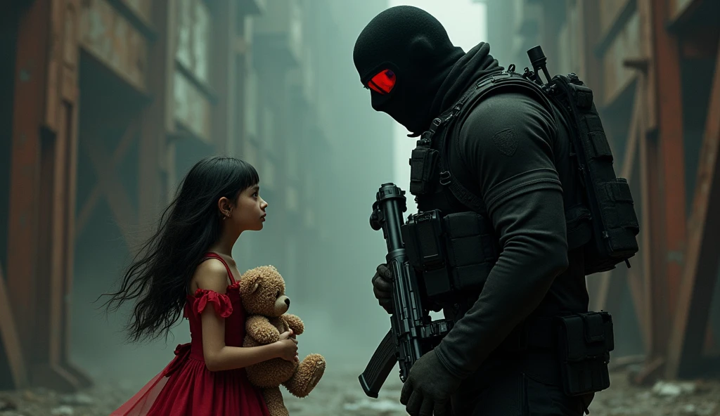 short in red dress with tall black hair holding plushie bear telling F.E.A.R operative that he is her son. He is wearing black tactical balaclava and red glasses and holds assault rifle. His height is way taller than her. Horror style.