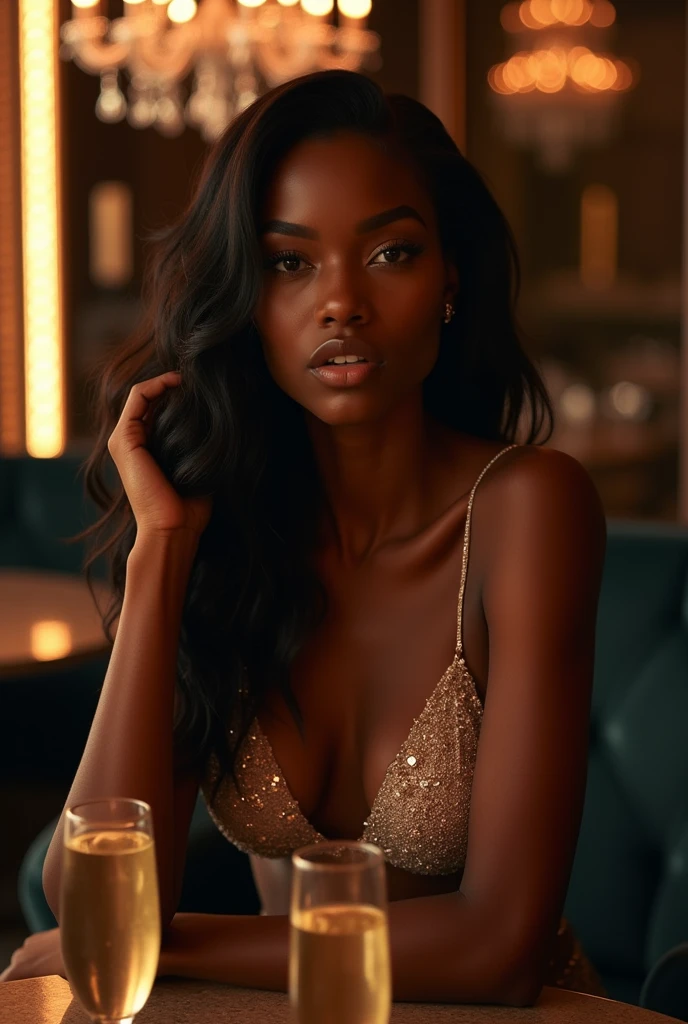 Girl, model, black skin, pretty, in the club, photo shoot, pose, expensive drinks