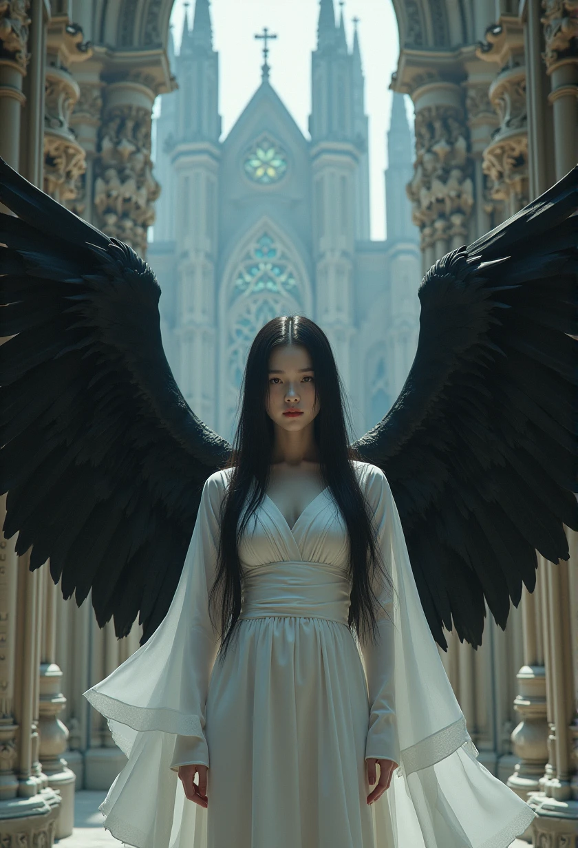 a extremely cute Japanese young woman with albino skin, black angel wings standing with a cathedral in the background