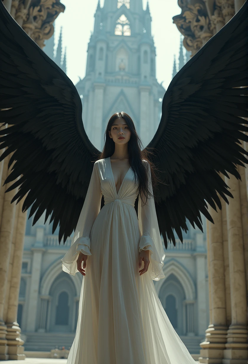 a extremely cute Japanese young woman with albino skin, black angel wings standing with a cathedral in the background