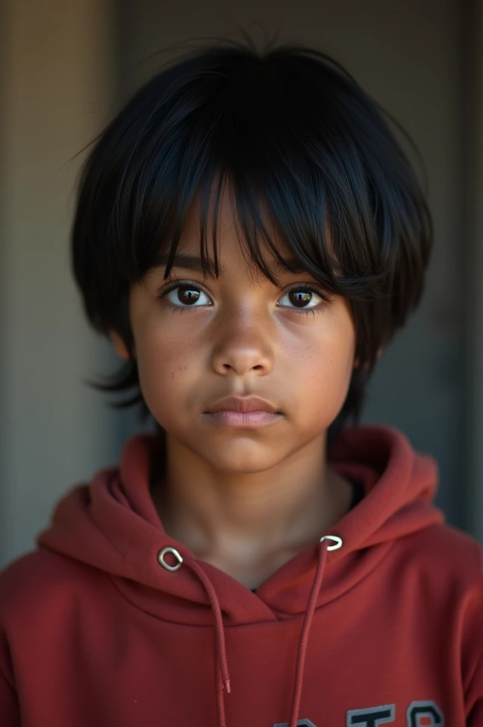 13 year old boy, black and straight hair, monera skin, black eyes