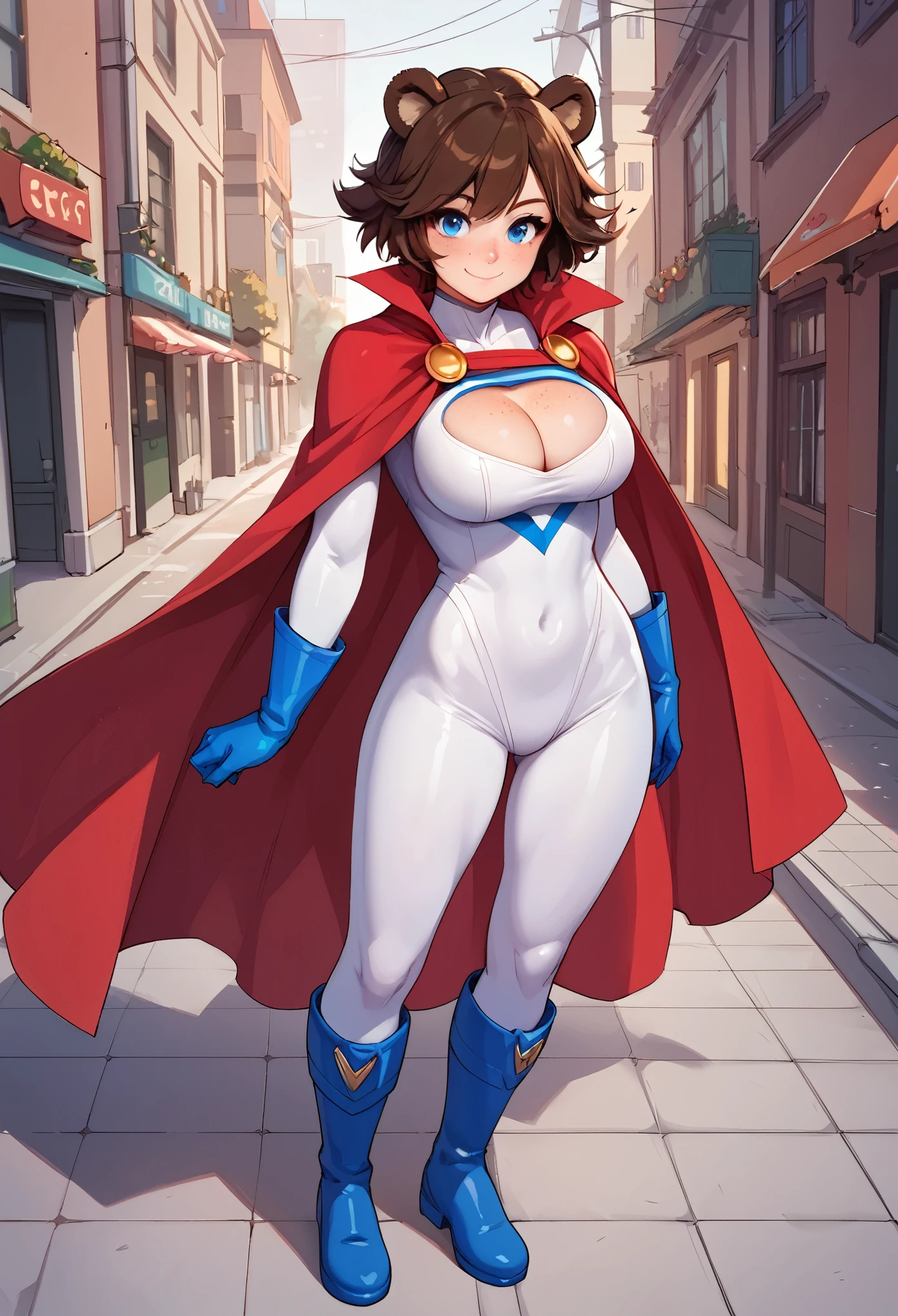 score_9_up, score_8_up, score_7_up, 1girl, solo, source_anime, hourglass figure, Big breasts, kemonomimi, bear ears, brown hair, short hair, messy_hair, blue eyes BREAK freckles, (cosplay), super girl cosplay, super hero, white bodysuit, cleavage cutout, red cape, blue gloves, blue boots, brave smile, closed mouth, standing, looking at viewer, outdoors, urban area, daytime 