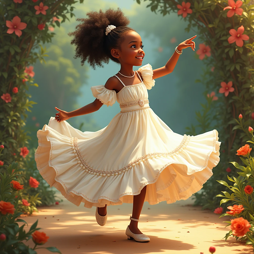 realistically, Sweet girl, happily dancing, full length, в white жемчужном, lace, white, with sheer ruffles, dress, beautiful shoes,in an African-inspired style, Disney, I can't think, she's officially beautiful,stylish art, joyful chaos, Eye-catching details, pastel shades, James Christensen, Valeria Docampo, Sara Kay, Nicky Beme, Maurice Sendak, Gila Elvgren style, high quality, bright colors, pensive, romantic, hyper-detailed, hyperrealistic, Unreal engine, masterpiece, Atmospheric, a high resolution, brightness, Contrast, 32K, высокий HDR, 500 pixels