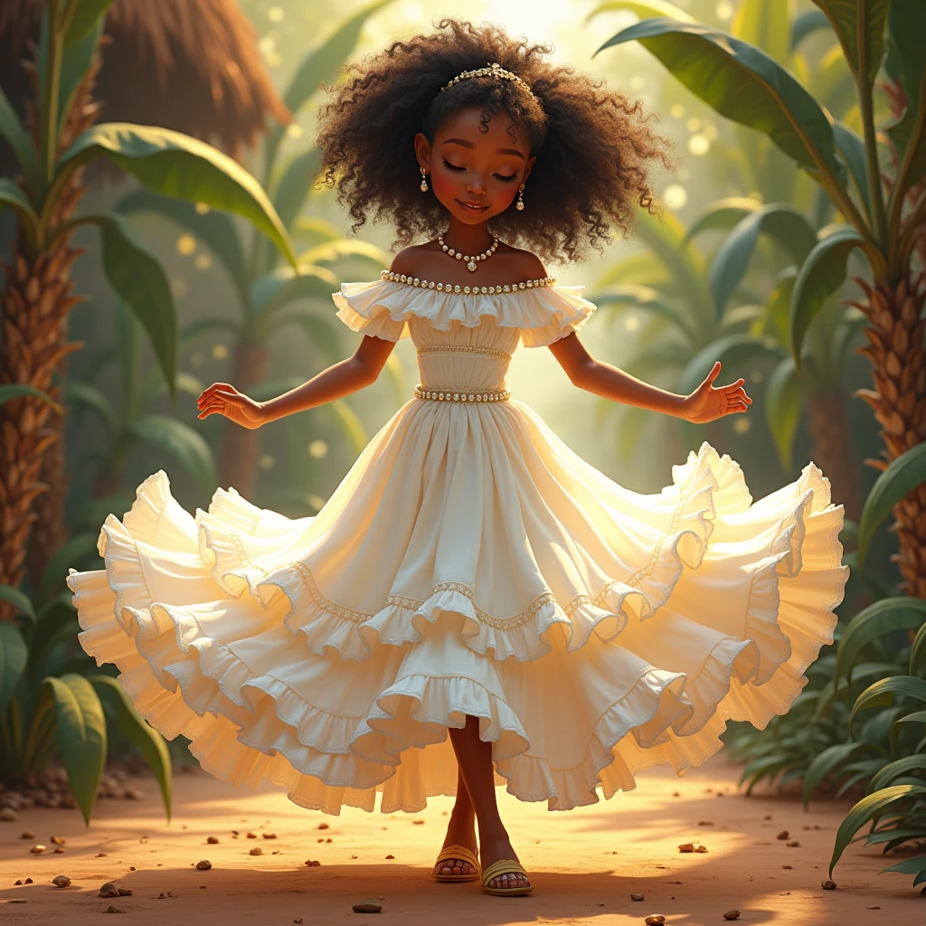 realistically, Sweet girl, happily dancing, full length, в white жемчужном, lace, white, with sheer ruffles, dress, beautiful shoes,in an African-inspired style, Disney, I can't think, she's officially beautiful,stylish art, joyful chaos, Eye-catching details, pastel shades, James Christensen, Valeria Docampo, Sara Kay, Nicky Beme, Maurice Sendak, Gila Elvgren style, high quality, bright colors, pensive, romantic, hyper-detailed, hyperrealistic, Unreal engine, masterpiece, Atmospheric, a high resolution, brightness, Contrast, 32K, высокий HDR, 500 pixels
