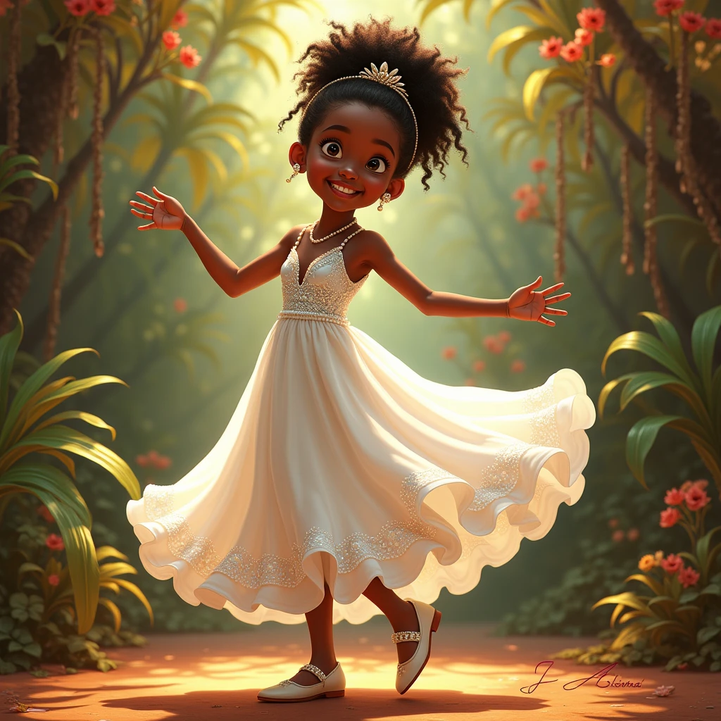 realistically, Sweet girl, happily dancing, full length, в white жемчужном, lace, white, with sheer ruffles, dress, beautiful shoes,in an African-inspired style, Disney, I can't think, she's officially beautiful,stylish art, joyful chaos, Eye-catching details, pastel shades, James Christensen, Valeria Docampo, Sara Kay, Nicky Beme, Maurice Sendak, Gila Elvgren style, high quality, bright colors, pensive, romantic, hyper-detailed, hyperrealistic, Unreal engine, masterpiece, Atmospheric, a high resolution, brightness, Contrast, 32K, высокий HDR, 500 pixels