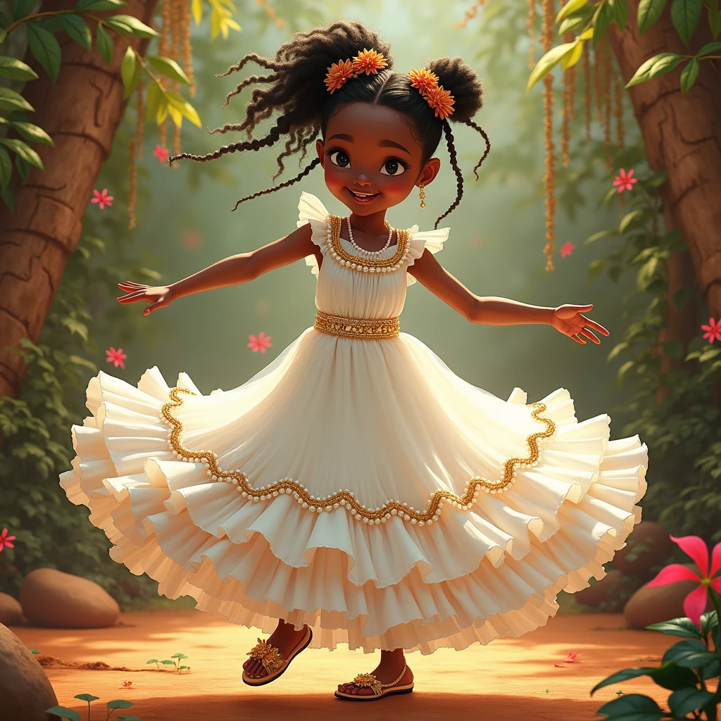 realistically, Sweet girl, happily dancing, full length, в white жемчужном, lace, white, with sheer ruffles, dress, beautiful shoes,in an African-inspired style, Disney, I can't think, she's officially beautiful,stylish art, joyful chaos, Eye-catching details, pastel shades, James Christensen, Valeria Docampo, Sara Kay, Nicky Beme, Maurice Sendak, Gila Elvgren style, high quality, bright colors, pensive, romantic, hyper-detailed, hyperrealistic, Unreal engine, masterpiece, Atmospheric, a high resolution, brightness, Contrast, 32K, высокий HDR, 500 pixels