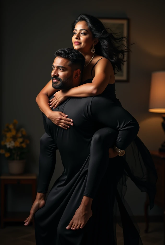 Create a scene where a smiling and beautiful Indian actress in black satin dress is carrying a large man on her shoulders inside a dark room, man is sitting on her neck , dynamic lighting 