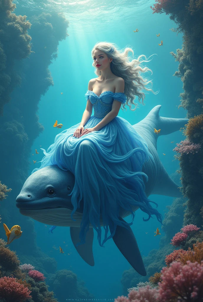 Role: Goddess of the sea

Personality:
She's kind, can talk to the animals under the water and take care of them. She has power.

Appearance:
Beautiful Gentle face
Has curvy beautiful body 
Has long curly ash color hair 
 Sky blue round eyes
Has porcelain color skin
Wearing BLUE dress where we can see her curvy body. Make her dress beautiful and flowy.
Make her lips naturally red

Additional: the background is a beautiful sea, she's sitting at the back of a whale playing with the water, can you add some corals in the background. Add some corals to make it more beautiful. Make her AI looking.