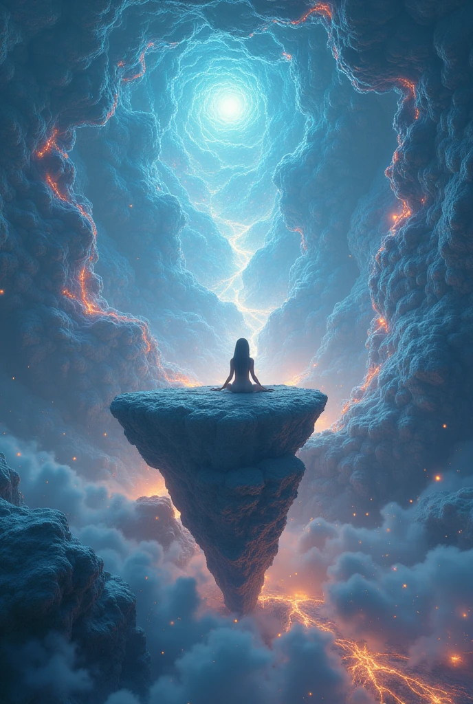 A breathtaking, surreal landscape of endless possibilities, 1girl sitting on a floating island, mesmerizing fractal patterns, dreamlike atmosphere, glowing energy orbs, ethereal lighting, mystical energy field, vibrant colors, otherworldly, (best quality,4k,8k,highres,masterpiece:1.2),ultra-detailed,(realistic,photorealistic,photo-realistic:1.37),cinematic composition,concept art