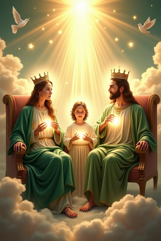(photorealism:1.2), beautiful virgin Mary, handsome Jesus Christ and handsome teen Jesus,ting in the throne each of them in the kingdom of god that full of clouds, the light of their crowns and hearts spreading all over, wearing the green color of a king, queen and prince, the crown of lights, real beautiful faces, real nice hair, real face, real image, heaven outdoors that full of clouds, brighter lighting, five fingers, clouds and many doves in the background, elegant clothes, stars and sunlight, beautiful heaven of paradise, relaxed pose, realistic, intricate details, bright and warm colors,