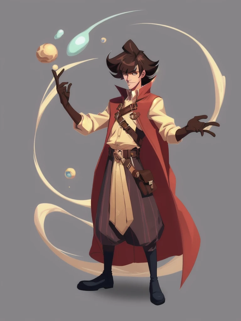 concept art, European and American comics, game character design, RPG Fantasy Game Characters, 1boy, solo, Asian male in his 20s, Male-centric, brown bowl cut hair, Straight hair that falls straight down to the eyes, as if the head was cut with a hat on, slim body type, Wearing a red cloak tied around his neck, Blue long sleeve jacket, Vertical dark striped sprite pattern, Wearing a protector with a brown leather pocket on the waist, Brown gloves, Aiming pose with a bow, Hair styled in a neat, straight-cut bangs, Upper body focused illustration, Clear facial expressions, Zoom in so the face is very visible,