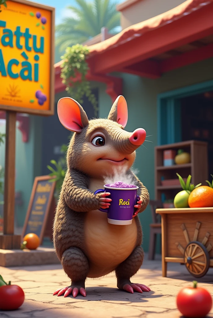 Create a ball-footed armadillo, with a cup of acai in his hand, Behind it is a visible sign that reads 'Tattu Açai' and an açai cart next to it.