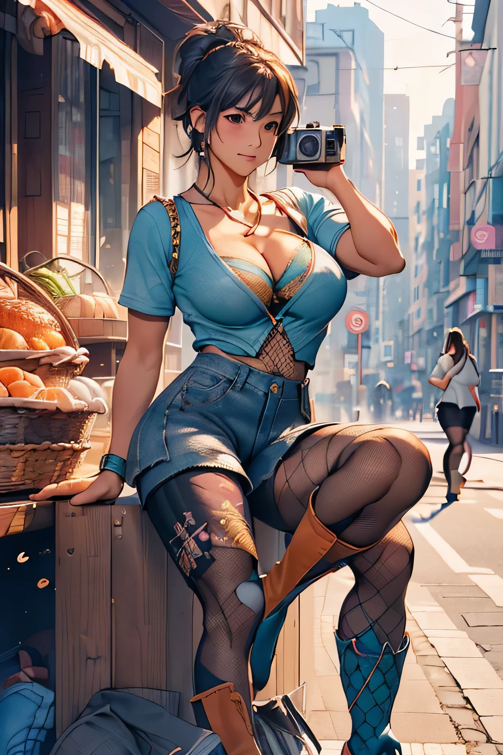 (((32k image quality))), (((RAW Photos))), (Highest quality, detailed:1.2), Photorealistic, (Very delicate and detailed), (((((Ultra-high resolution))))), (((((One Woman))))), (((Cleavage))), (((Big Breasts))), (((Show off your cleavage))), (((Close up of the chest))), (((colorful t-shirt)), BREAK, (((bootcut pants)), (((Beautiful female legs))), (((Fishnet tights))), (((short boots))), Street Snap, ((Photographing shoes from chest)),