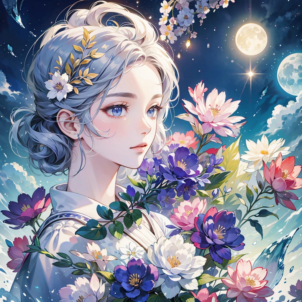 ((best qualtiy)), ((tmasterpiece)) themoon, god of moon, goddes, florals,exquisite facial features
