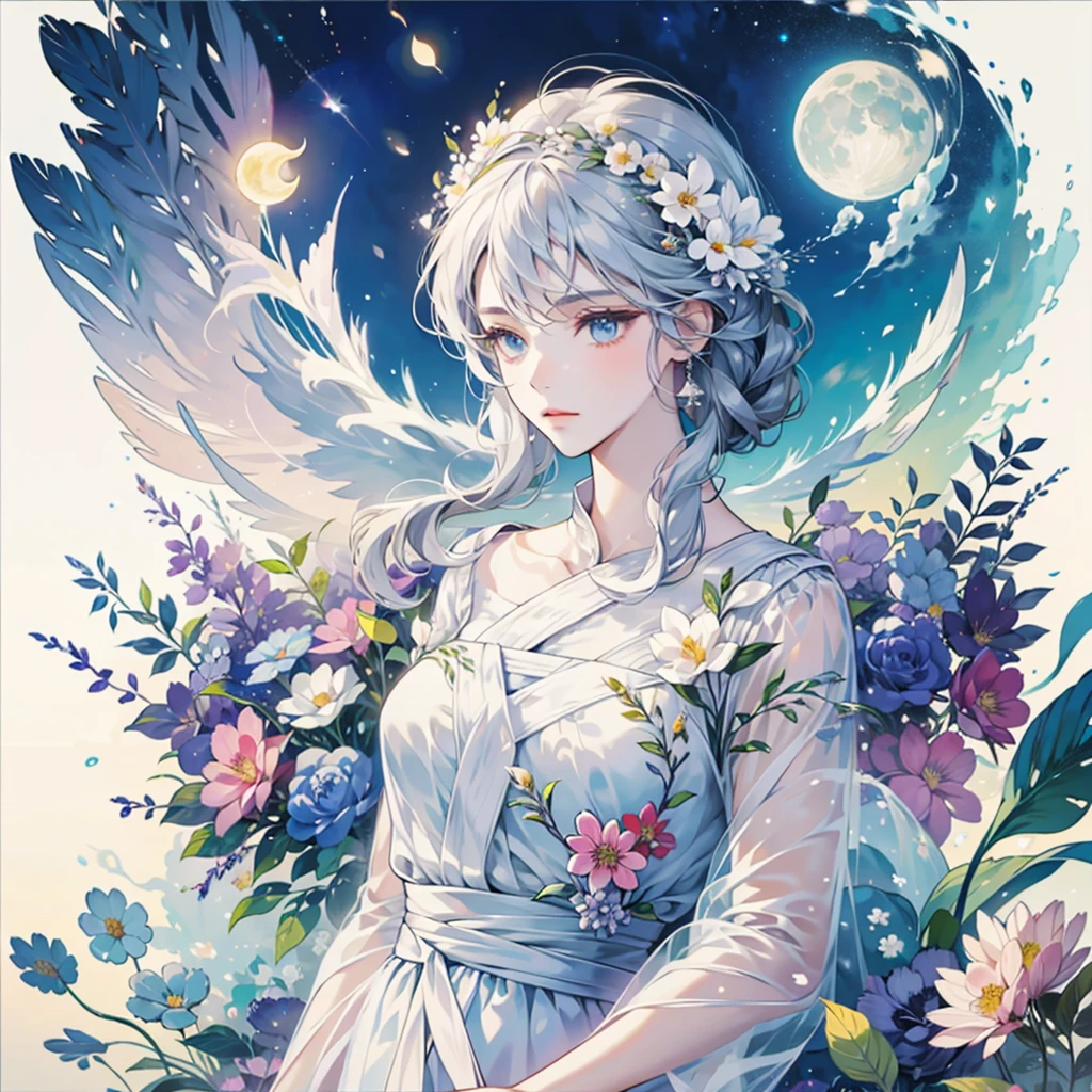 ((best qualtiy)), ((tmasterpiece)) themoon, god of moon, goddes, florals,exquisite facial features