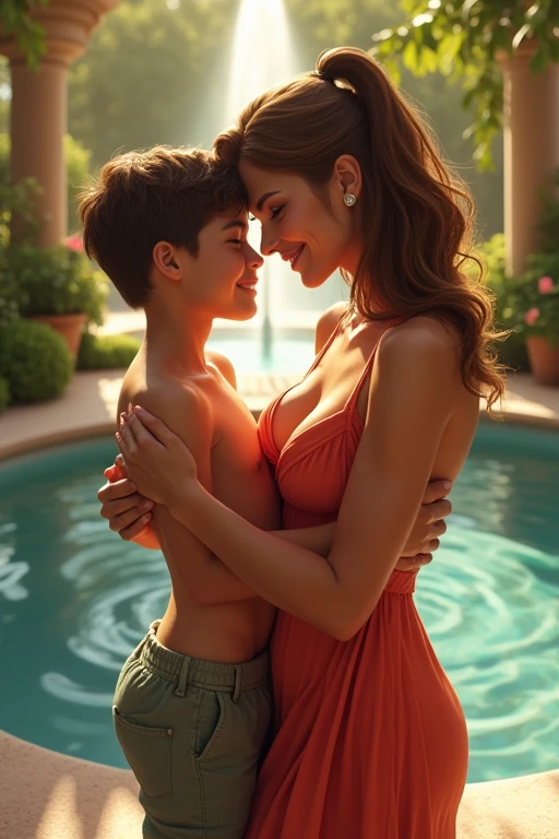 Score_9, Score_8_up, Score_7_up, joy_fountain, 1 chico, 1 girl, sexy mature woman, 8 year old boy, mother and son, hugging her, boy's hands on breasts.
