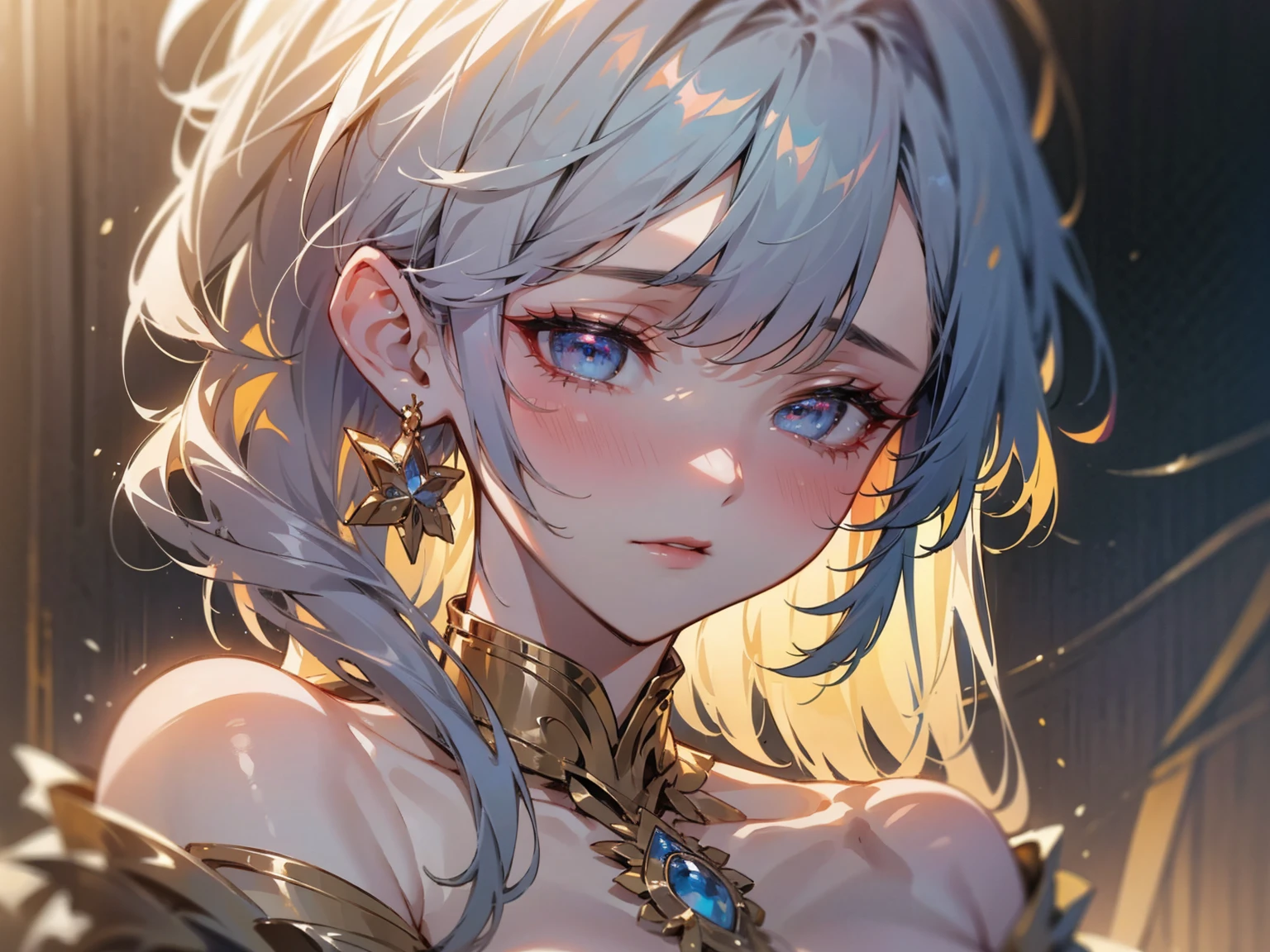 a beautiful detailed girl, woman with stunning eyes, elegant facial features, no earrings, long eyelashes, intricate skin details, elegant hairstyle, natural lighting, photorealistic, high resolution, best quality, masterpiece, ulzzang-6500-v1.1, ((photo_light))