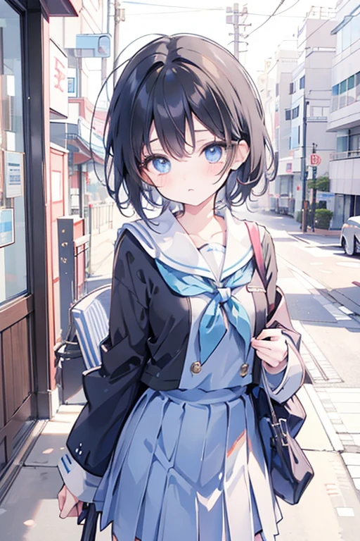 a cute and feminine face,Black Hair, a little messy and short, And a femboy with sky blue eyes, Wearing a Japan school uniform,blush