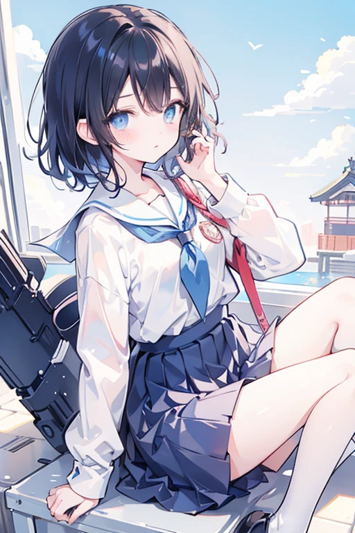 a cute and feminine face,Black Hair, a little messy and short, And a femboy with sky blue eyes, Wearing a Japan school uniform,blush