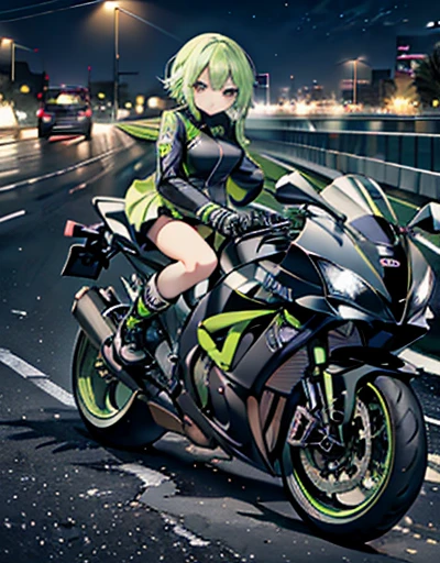 High resolution、high resolution、in 8K、Real Live Action、RAW Photos、Highest quality、masterpiece、Tabletop、(Soft Saturation:1)、(Depth of written boundary:1.2)、(Ray Tracing:1.2)、landscape、night、Optics、The background is a sci-fi night scene.、Strong winds、A big lime green car racing through the night city,bike、A young woman in a dress sitting on a large lime green bike, Beautiful Face、(Jacket:1.2)、(lime green short skirt:1.3)、White knee-high socks、boots、Perfect hands、Perfect legs、Perfect legs首、Perfect toes、Perfect toes、Completely whole:1.3、((Grab your controller:1.2))、kawasaki ninjaRiding the ZX-10R,kawasaki ninja Riding the ZX-10R, SF-style bike, SF-style bike, kawasaki ninja ZX-10R bike rider, kawasaki kawasaki ninja How to ride the ZX-10R, Female Biker Photos, bike,Motorcycle Engine Displacement: kawasaki ninja Details of ZX-10R、agile, High-speed shooting, Motion Blur、