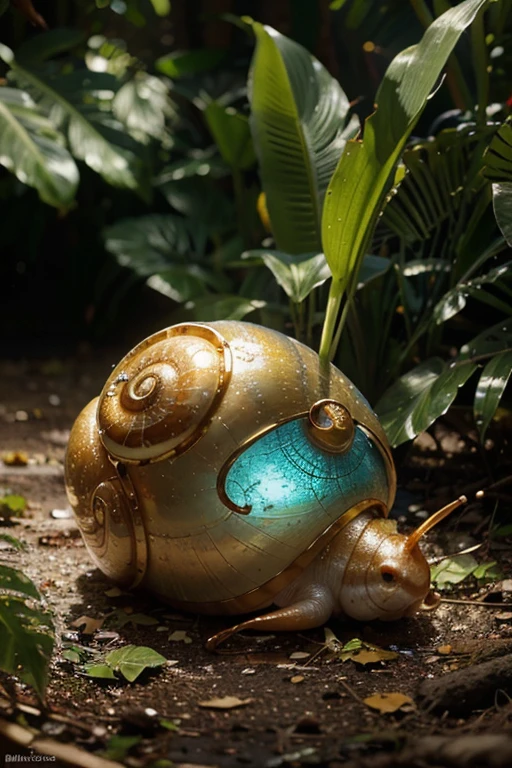 A glass snail, beautiful art, golden and blue in color, covering its whole body. It reflects the sunlight, living among green leaf debris. Cinematic 3D quality, super realistic HD ultra movie 16k sharpness, lifelike.