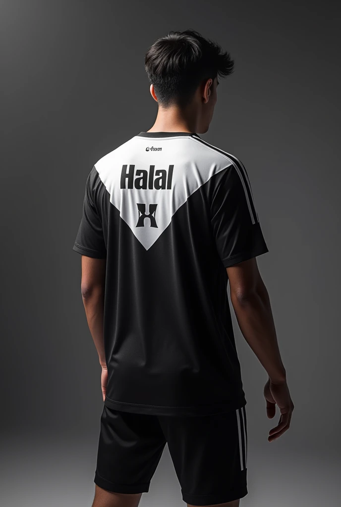 back view of a mobile legends eSport jersey including the name of the player with a theme of HBE means Halal Boys with a color of black and white just a jersey and make it more cooler please put a halal sign on it
