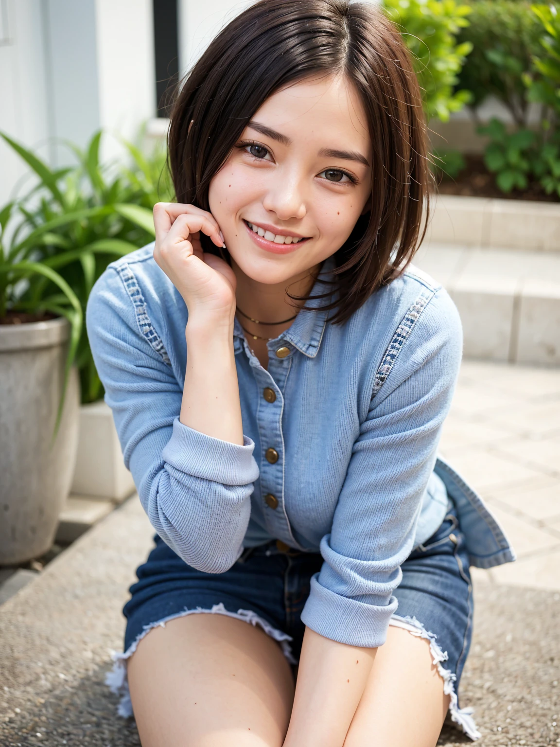 Top Quality, 1 beautiful woman, A boyish yet charming beauty with short, tousled hair, radiates warmth and joy as she smiles brightly. Her casual, stylish attire highlights her playful and confident personality. Her smile lights up the scene, capturing the essence of a carefree and charismatic woman.
