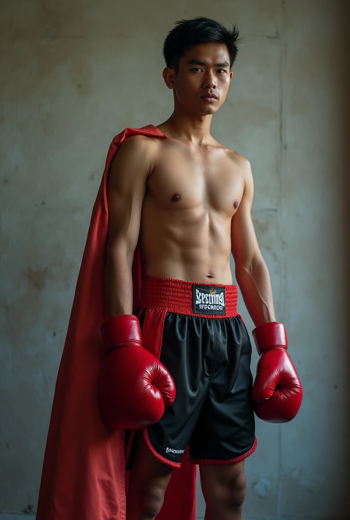 Describe a young Indonesian man, slightly built, 170cm tall, in a photo studio room with an aesthetic wall backdrop and facing away from the camera, wearing a shirt, Full boxing pants with boxing gloves and boxing robe. Realistic photo, 8k, HDR