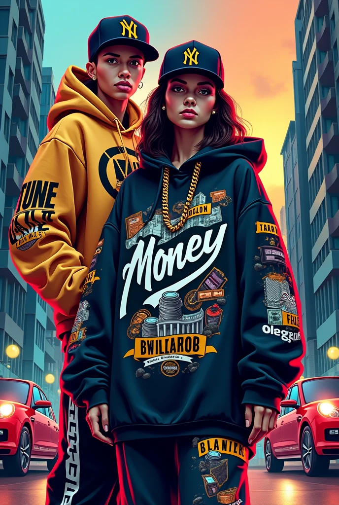 Design a modern, urban-themed poster for a streetwear clothing brand called 'White Money.' The poster should showcase key streetwear items such as , oversized t-shirts, and jackets, emphasizing bold and trendy designs. The clothing should feature intricate graphic elements like logos, text, and images that reflect urban culture, including cityscapes, money symbols, and stylized typography. The overall aesthetic should be edgy and vibrant, with a mix of dark and bright colors to create a visually striking contrast. Incorporate elements like a city skyline, luxury cars, and a modern, artistic vibe that appeals to a young, fashion-forward audience."