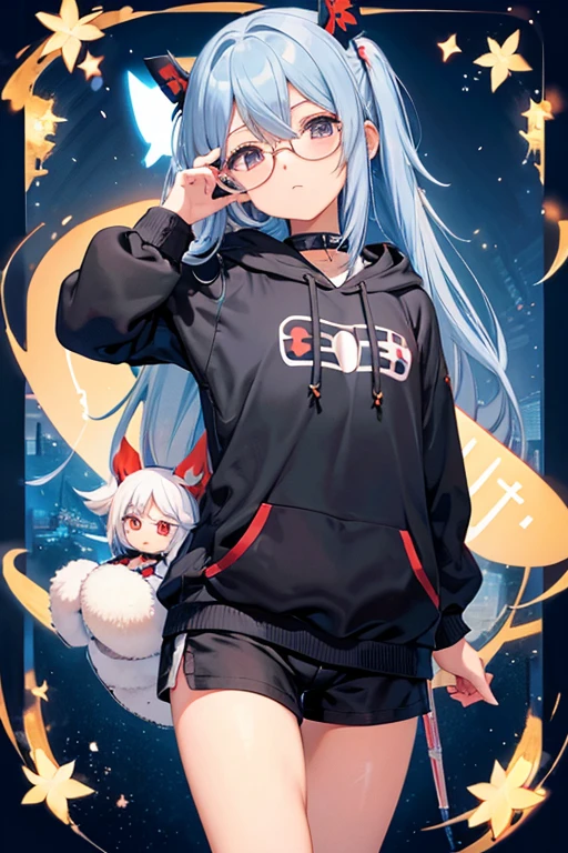 Angelic French doll, Stocky, Brightly colored hoodies, In shorts, Blue Hair ,Disheveled long hair, (anime: 1.2), Wearing glasses, Asymmetrical bangs, masterpiece, Tengu, (Fortuneteller: 0.8), (sleepy: 0.8), Intimate, フレンドリー, 風を受けている, 濡れた髪, anime, ざぁこ♡, 寒い, ハッピー