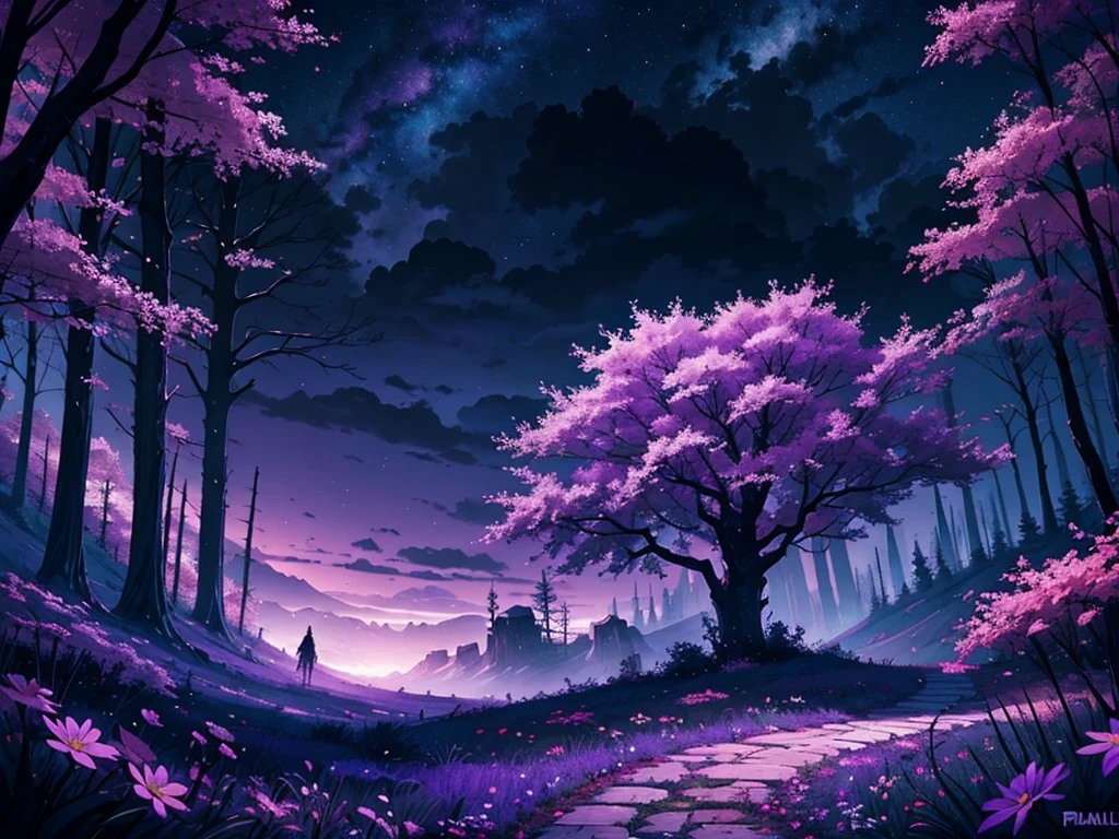Draw a beautiful dark fantasy landscape, dark, purple sky, beautiful landscape, magical flower and trees