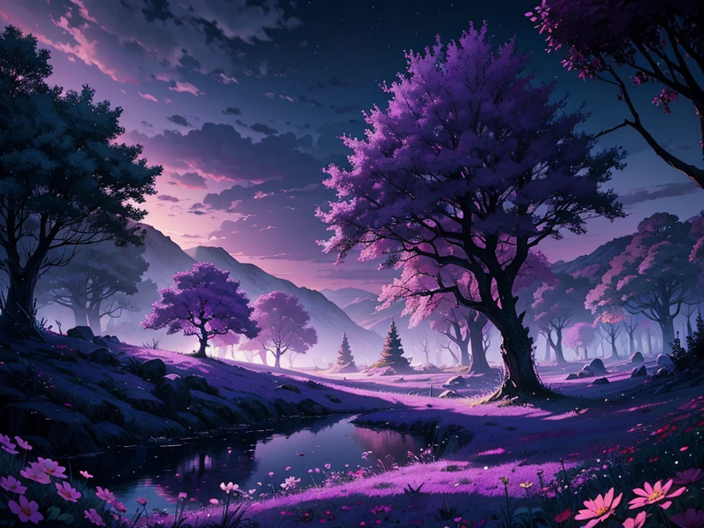 Draw a beautiful dark fantasy landscape, dark, purple sky, beautiful landscape, magical flower and trees