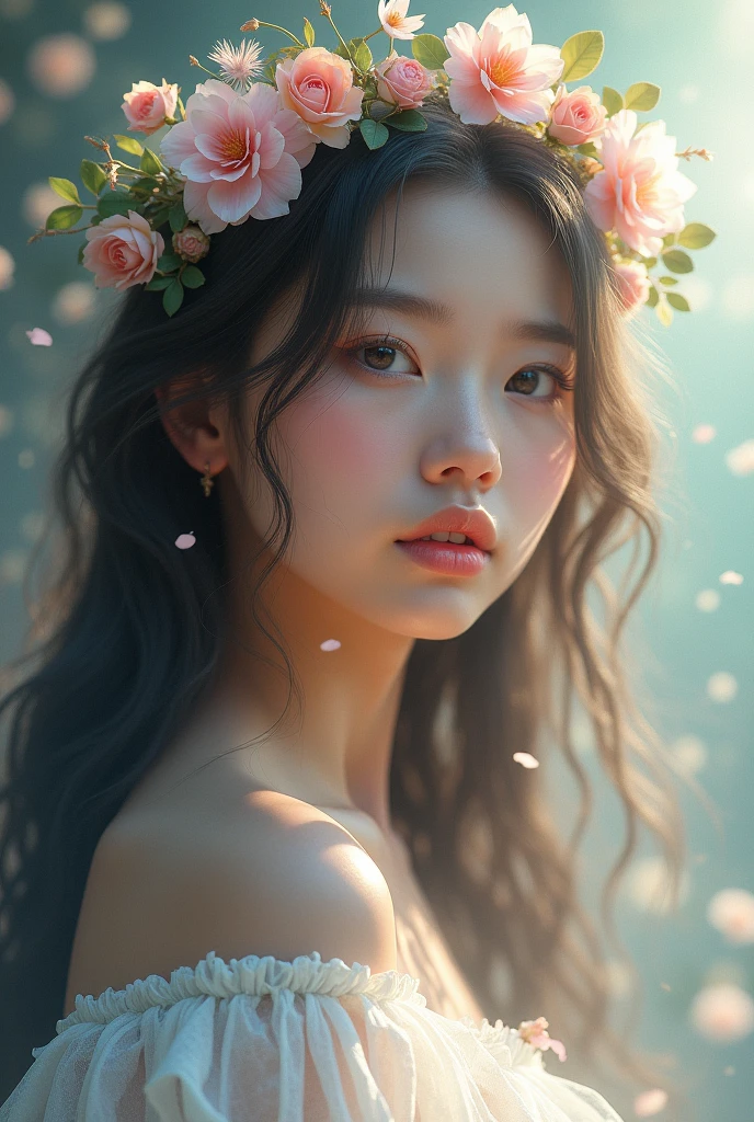 detailed portrait of a girl gazing into the distance, ethereal and dreamy atmosphere, long flowing hair, delicate facial features, captivating eyes, serene expression, luminous skin, soft lighting, pastel colors, intricate floral crown, mystical aura, (best quality,4k,8k,highres,masterpiece:1.2),ultra-detailed,(realistic,photorealistic,photo-realistic:1.37),digital painting,concept art