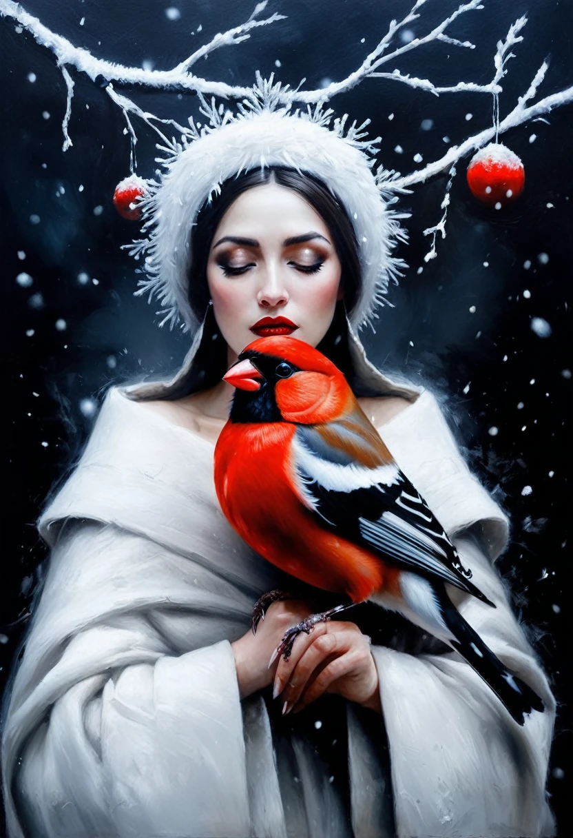 painting of a bullfinch sits on a branch, winter, snowfall, a woman with white skin and red lips in a Slavic white costume and kokoshnik leaned over him, dynamic poses, dark atmosphere, cinematic scene, volumetric lights, ultra realistic, in the style of nicola samori