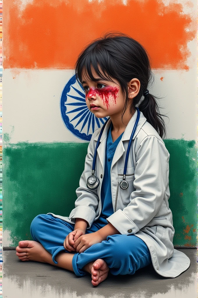 ((best quality)), ((masterpiece)), (detailed), perfect face

Crayon art witj tricolor india's flag in background, a girl in doctor's coat sitting and crying with injured and blooded face. 