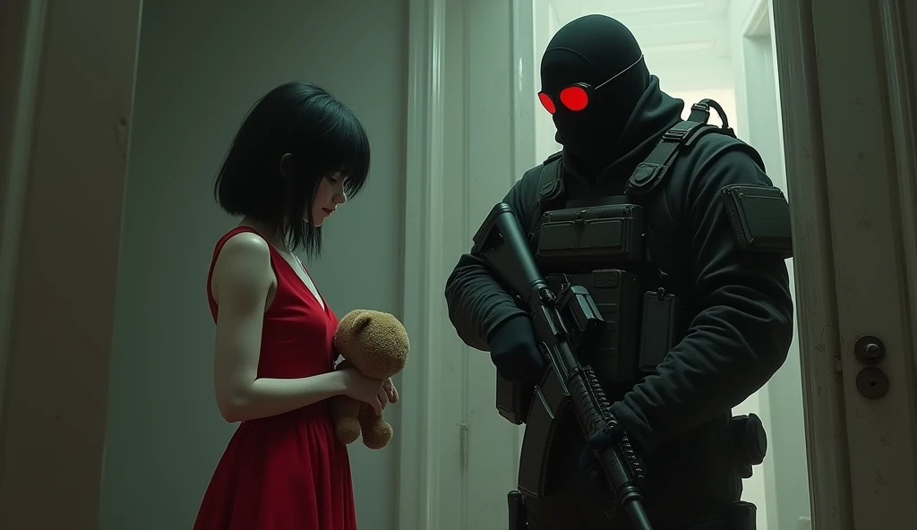 short in red dress with tall black hair holding plushie bear telling F.E.A.R operative that he is her son. He is wearing black tactical balaclava and red glasses and holds assault rifle. His height is way taller than her. Make it in creepy style.
Her eyes are completely black and her skin is pale. He is afraid of her