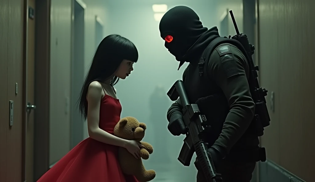 short in red dress with tall black hair holding plushie bear telling F.E.A.R operative that he is her son. He is wearing black tactical balaclava and red glasses and holds assault rifle. His height is way taller than her. Make it in creepy style.
Her eyes are completely black and her skin is pale. He is afraid of her