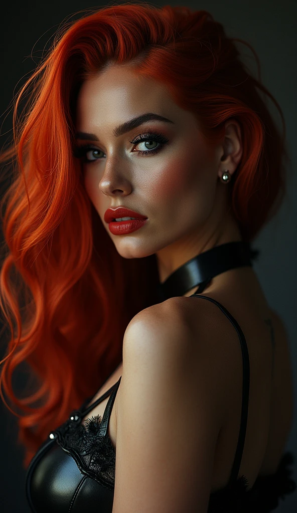 a sexy woman, figure like salma hayek, bdsm outfit, red hair, beautiful detailed eyes, beautiful detailed lips, extremely detailed eyes and face, long eyelashes, masterpiece, photorealistic, 8k, hyper detailed, cinematic lighting, dramatic shadows, vibrant colors, gothic style