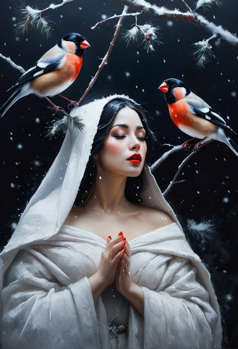 painting of a bullfinch sits on a branch, winter, snowfall, a woman with white skin and red lips in a Slavic white costume and kokoshnik leaned over him, dynamic poses, dark atmosphere, cinematic scene, volumetric lights, ultra realistic, in the style of nicola samori