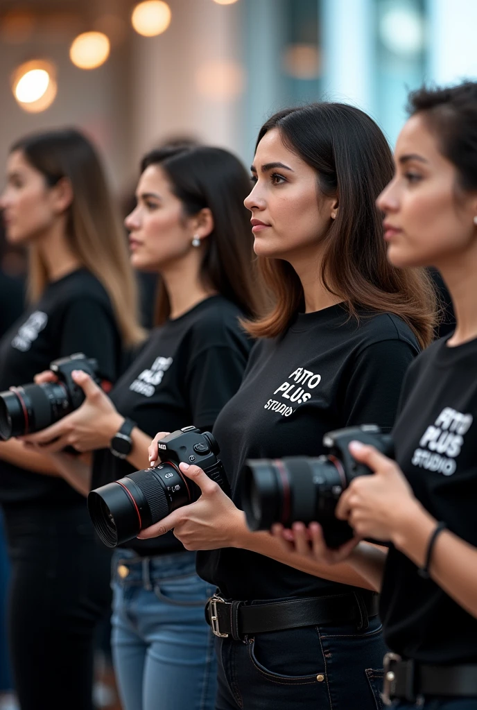 "A group of well-dressed, professional female photographers, all wearing T-shirts with 'FOTO PLUS STUDIO' printed on the back, ready for action. They stand confidently with their cameras, prepared to capture stunning images. Their coordinated attire reflects their professionalism and unity, as they prepare to document the event with precision and creativity."
