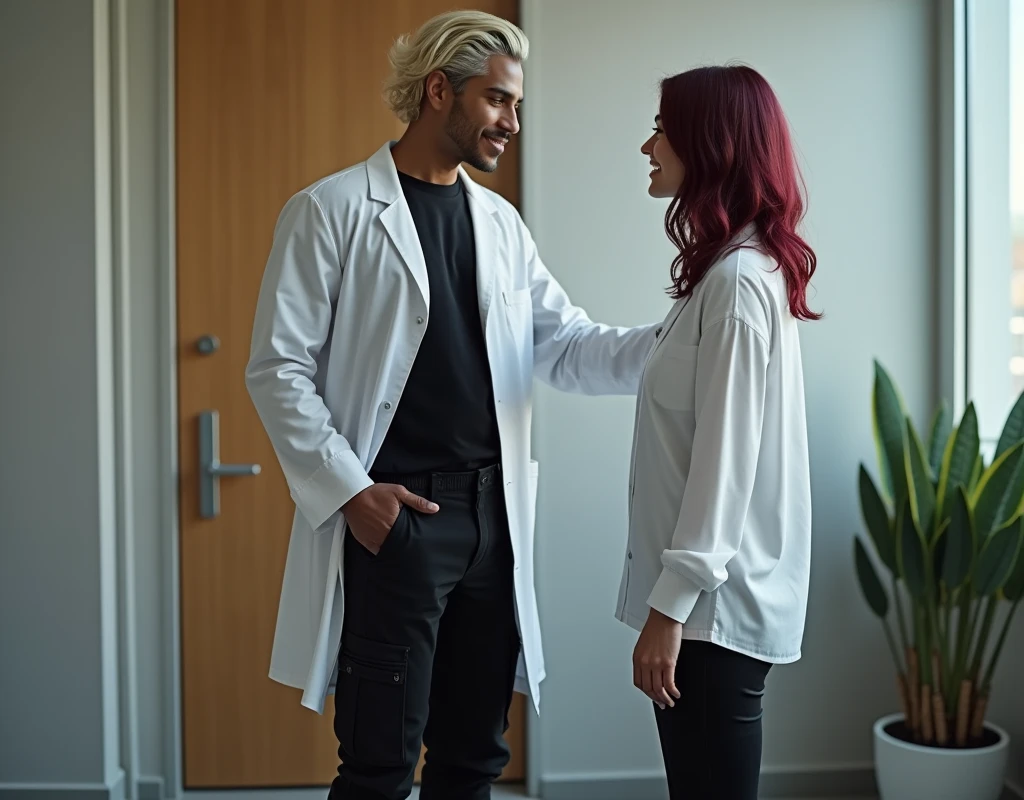 216 cm tall, 33-year-old man with short platinum blond wavy swept-back hair, dark skin, Arabic-Egyptian features, wearing a white lab coat over a black t-shirt, black cargo pants and black boots, looking down with a gentle expression gesturing to sit down to a very short 24-year-old woman, with vibrant maroon side-parted medium-length wavy hair, very pale skin, wearing a white flowy work blouse, low-rise black pants and black boots, standing in his office. Photorealistic, cinematic.