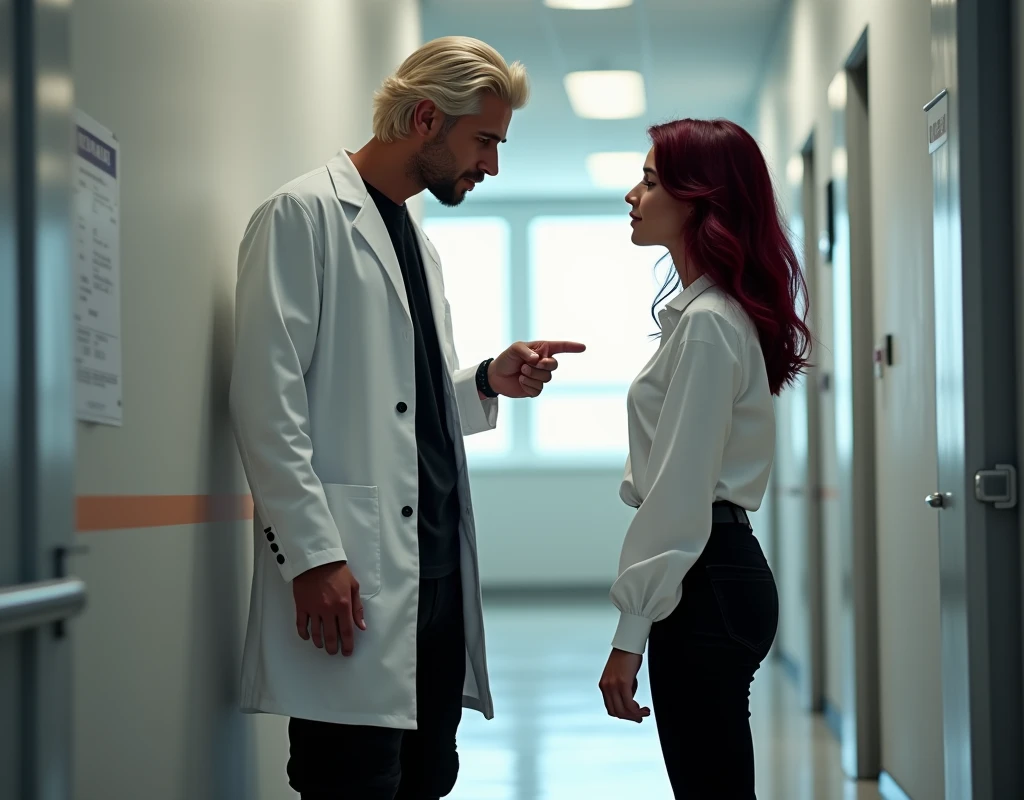 216 cm tall, 33-year-old man with short platinum blond wavy swept-back hair, dark skin, Arabic-Egyptian features, wearing a white lab coat over a black t-shirt, black cargo pants and black boots, looking down with a gentle expression gesturing to sit down to a very short 24-year-old woman, with vibrant maroon side-parted medium-length wavy hair, very pale skin, wearing a white flowy work blouse, low-rise black pants and black boots, standing in his office. Photorealistic, cinematic.