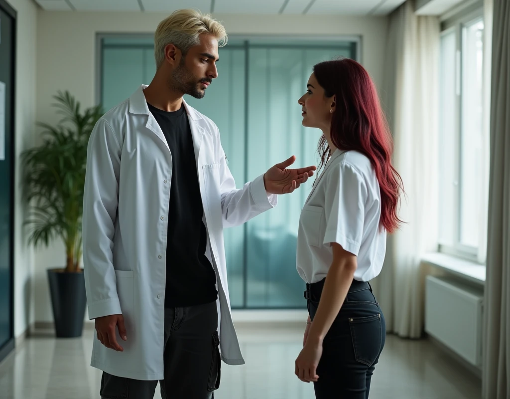 216 cm tall, 33-year-old man with short platinum blond wavy swept-back hair, dark skin, Arabic-Egyptian features, wearing a white lab coat over a black t-shirt, black cargo pants and black boots, looking down with a gentle expression gesturing to sit down to a very short 24-year-old woman, with vibrant maroon side-parted medium-length wavy hair, very pale skin, wearing a white flowy work blouse, low-rise black pants and black boots, standing in his office. Photorealistic, cinematic.