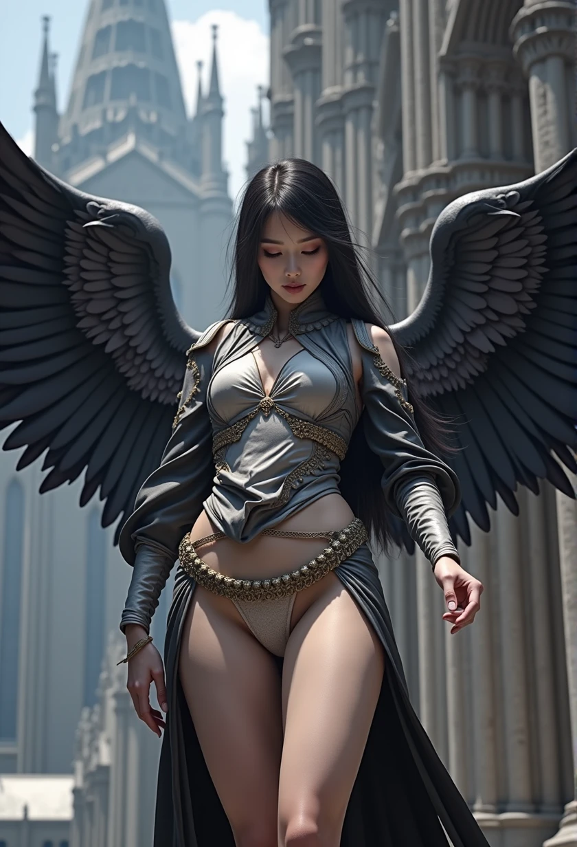 a extremely cute Japanese young woman with albino skin, black angel wings standing with a cathedral in the background