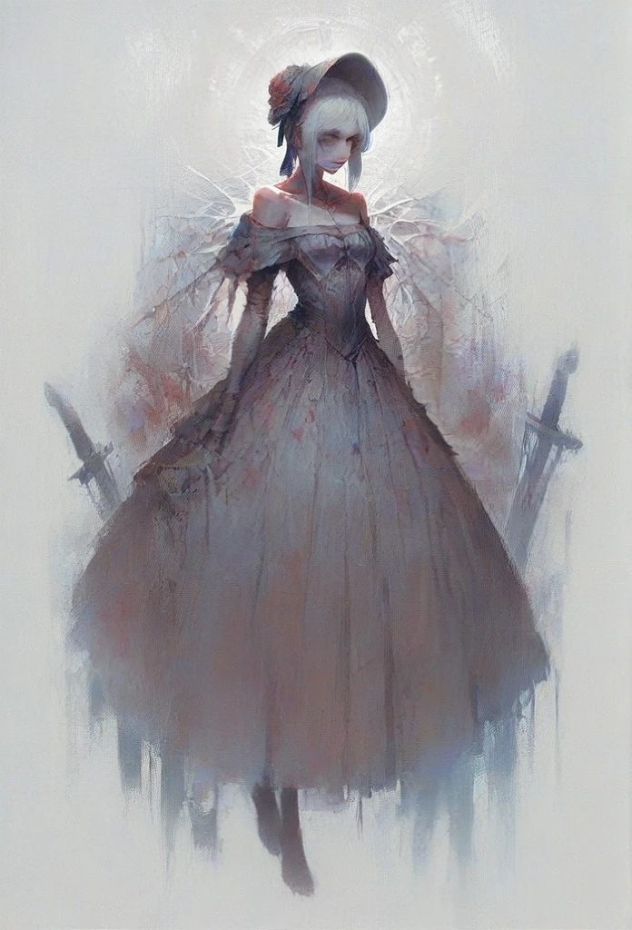 ((best quality)), ((masterpiece)), (detailed), 1girl, off-shoulder, Character design, female, dynamic poses, long white grey hair, grey white eyes, very skinny, detailed, best quality, no accesoires around the neck, no shoes, prominent collarbones, skinny arms, flat stomach, visible hip bones, full body, blank white background, plain background, white background, red and white clothing, Bloodborne inspired, occult aesthetic, occult, detailed and intricate steampunk and detailed gothic, NSFW, Very dramatic and cinematic lighting, cosmic horror, grim-dark, side-lighting, perfect face, NSFW, Fluttering lace flared long knee length dress with frilly petticoats, knee length dress, pleated petticoats, petticoats gothic, complex lace boots, side-lighting, gothic lolita aesthetic, wielding a mighty sword with mechanical components, mandalas, small breasts, a fairy, various different types of insect wings, NSFW, full body, whole body, body, plain background, white background, blank background, no background, white background NSFW, chains, full body, whole body, head-to-toe NSFW, oil painting